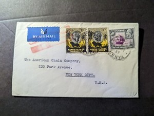 1937 British KUT Airmail Cover Nairobi Kenya to New York NY USA American Chain