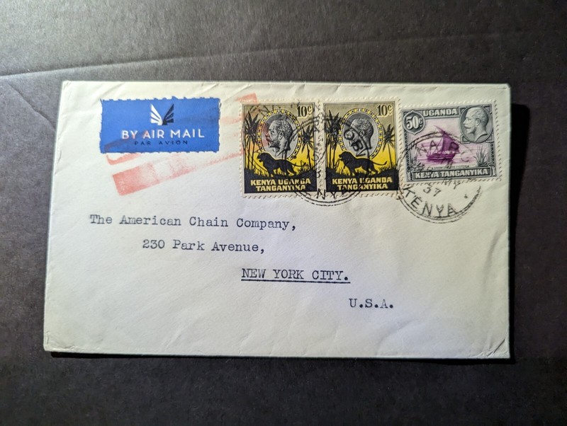 1937 British KUT Airmail Cover Nairobi Kenya to New York NY USA American Chain