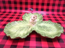 Ceramic Tri-Section Cabbage Leaf Dish Bunny Rabbit in Center - 3 Leaves Server