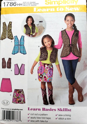 Simplicity 1786 Child's Girls Sz 3-6 Learn-To-Sew Vests Cropped or Long + Skirt