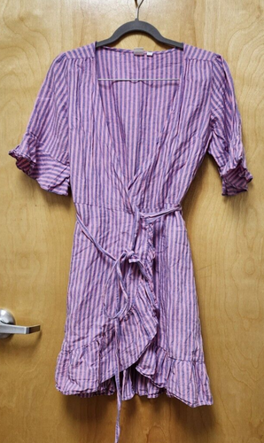 Gap Linen Wrap Dress Knee Length Short Sleeve Stripe Pink blue Women's Size S