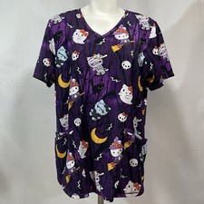 Halloween Hello Kitty Scrub Top Large Purple Night Fun Witch Cat Ghost Mummy