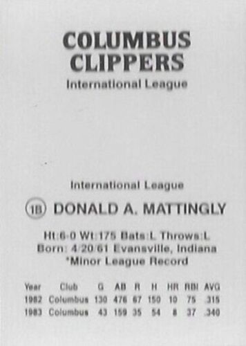 Tarjeta de ligas menores de Don Mattingly Columbus Clippers - 1984 + ¡tarjeta de bonificación gratuita! - Imagen 2 de 3