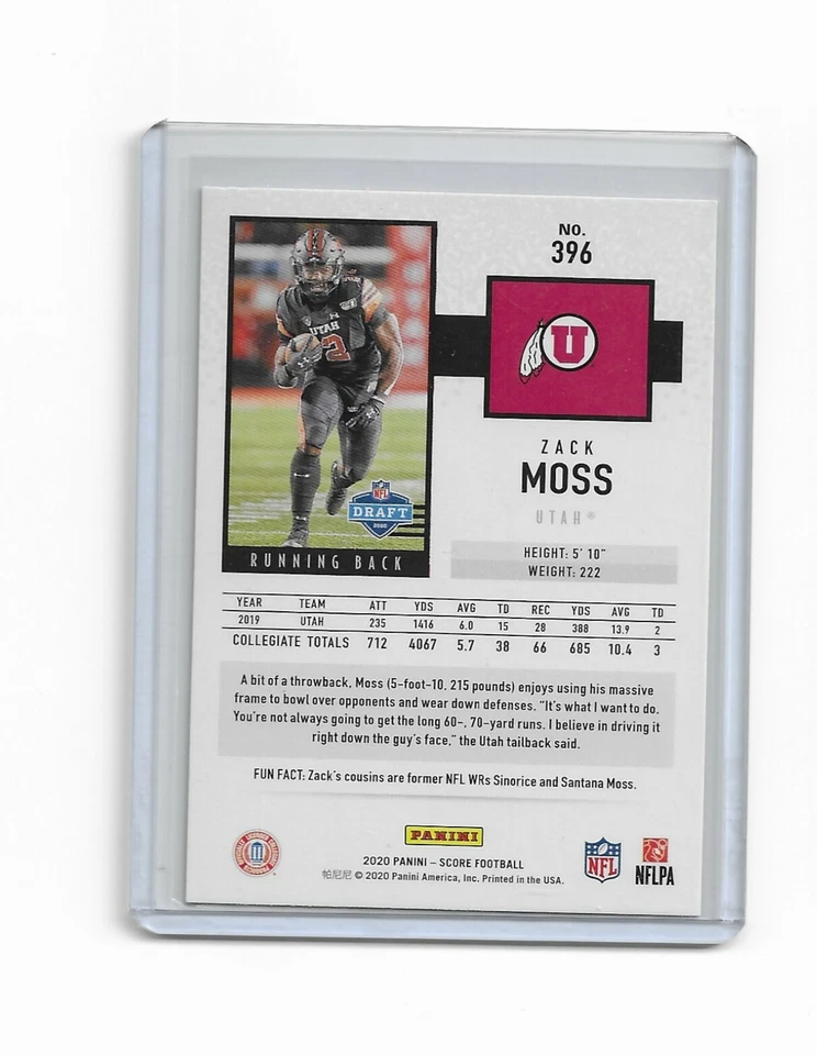 Zack Moss 2020 Score Black Foil Retail Rookie Parallel Card #396 Utah Utes Bills - Image 2 of 2