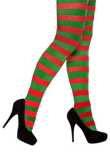 Adult Teen Elf Xmas Christmas Red/Green Stripe Tights Fancy Dress Costume - Picture 1 of 1