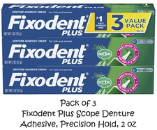 (Pack of 3) Fixodent Plus Scope Denture Adhesive, Precision Hold, 2 oz Free Ship