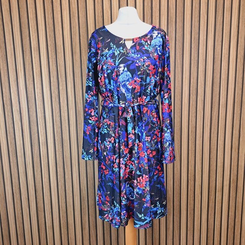 Yumi Dress Black Red Blue Floral UK 14 Knee Length Long Sleeve Flare Stretch New