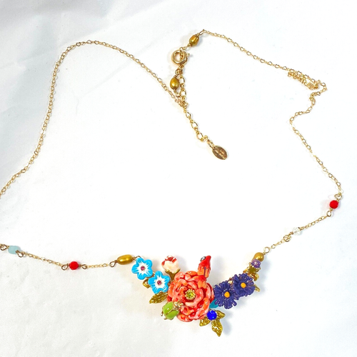 Les Néréides Necklace Flowers Cardinal BirCrystals Charms Rose Blue Cottage Core - Picture 5 of 10