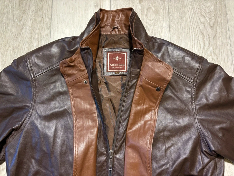 De Colección Patrick James Chaqueta Bomber de Cuero Marrón Dos Tonos Costa Oeste Para Hombre’s Grande Foto 4 de 4