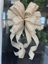 Handmade Tan Linen Spring Summer Farmhouse Easter Faux Burlap Bow Wreath Decor