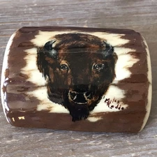Vintage Miles Rodda painted elk antler  buffalo/ bison Belt Buckle (Z68)