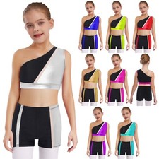 Kids Girls Gymnastics Dance Sets Jazz Hip Hop Shiny Metallic Crop Top And Shorts