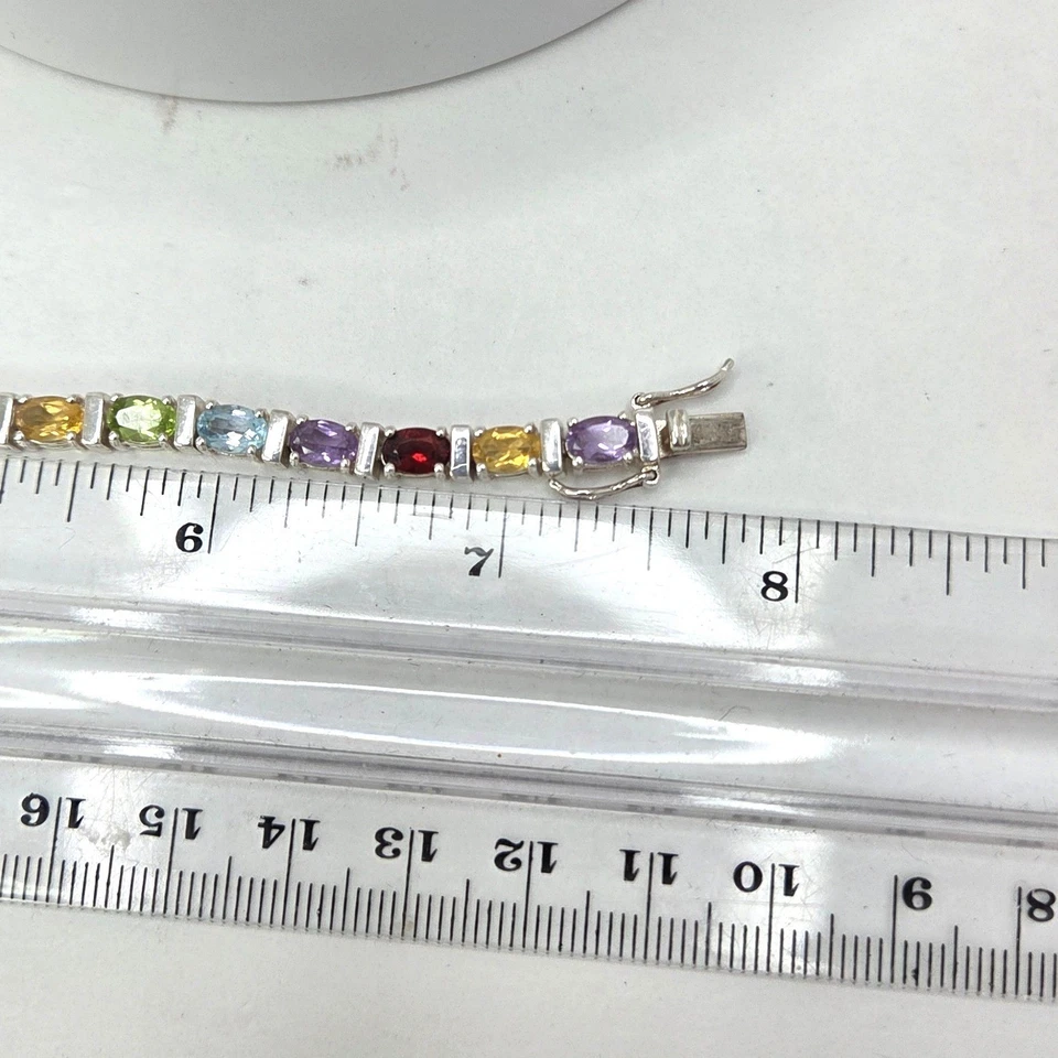 Sterling Silver Multi Gemstone Bracelet Rainbow Colorful Tennis Style 17g 7.5" - Image 4 of 4