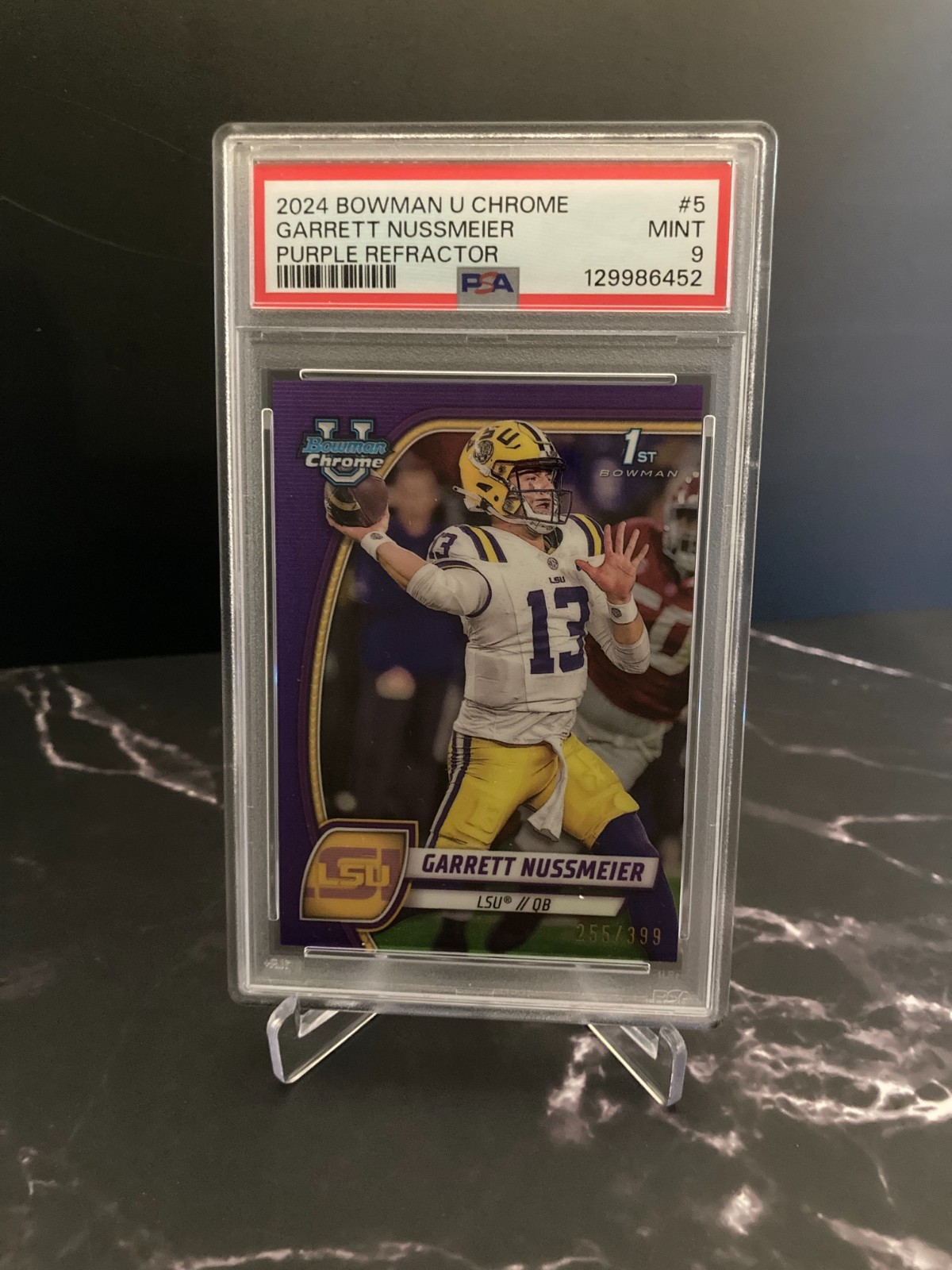2024 Bowman U Chrome 1st Garrett Nussmeier /399 Purple Refractor #5 LSU PSA 9
