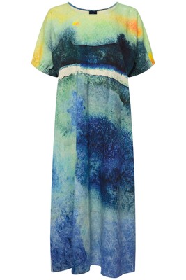 Laurasøn Damen Leinenmix Kleid A Line Landschafts Print Rundhals Halbarm 827276