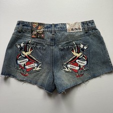 Ed Hardy Women's Flame Heart Denim Shorts Medium Blue Y2K Casual Logo