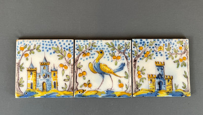 3 Antique Hand-Painted Glazed Ceramic 5 ½  Pictorial Tiles Bird & Castles