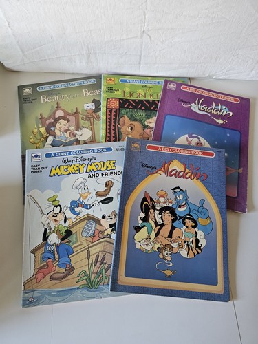 5 Vintage Disney Coloring Activity Books Hardly used, Lion King Aladdin M.Mouse