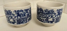 Set 2 Churchill Blue Willow England Tea Cups Mugs Stackable Mill River Bridge VG