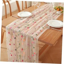 3pcs Embroidery Daisy Fall Table Runner 10ft Florals 10ft-3pack Champagne