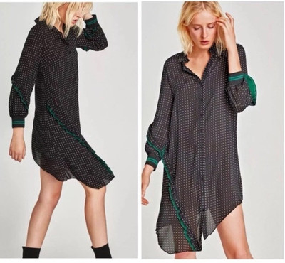 ZARA BASIC Polka Dot Collard  V Neck Long Sleeve Button Down Shirt Dress Size S