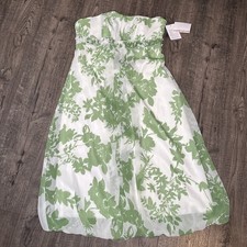 David's Bridal Strapless White And Green Floral Bubble Hem Chiffon Dress Size 4