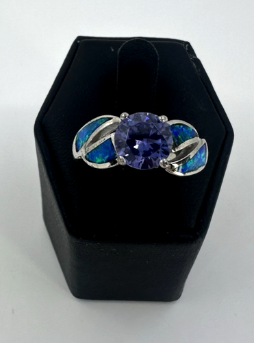 925 Tanzanite & Blue Fire Opal Inlay Ring Size 7.5