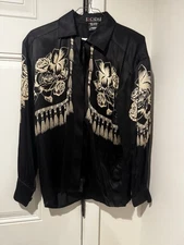 Vintage Escada Margaretha Ley Black Gold Silk Women’s Tassel Floral Blouse 34/S