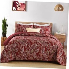 Boho Quilt Set King,3 Pieces Paisley Pattern Bedspread King 104"W 90"L Red