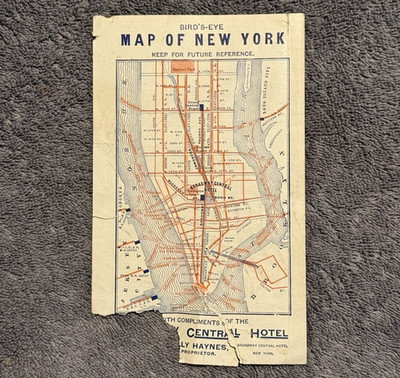 1890s Broadway Central Hotel Map of New York & Boston Brochure T. Haynes