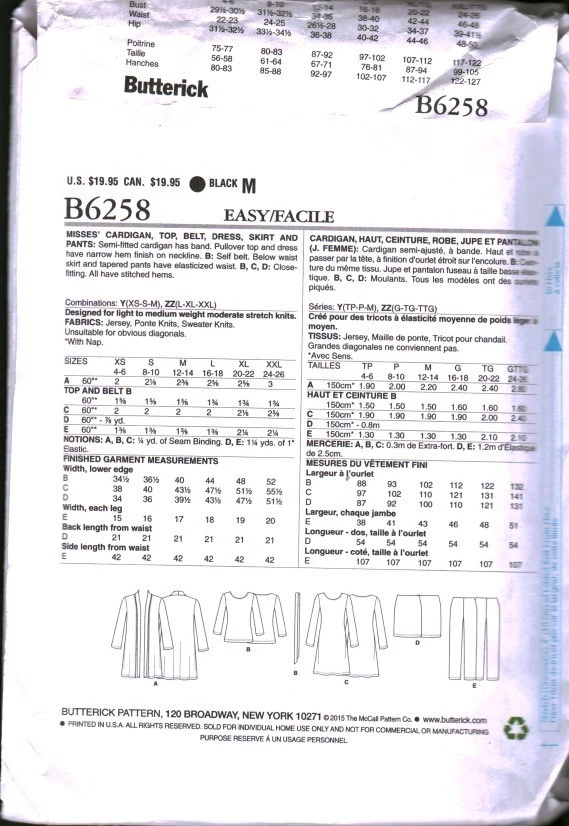 6258 UNCUT Butterick Sewing Pattern Misses Cardigan Top Belt Skirt Dress Pants - Image 2 of 2