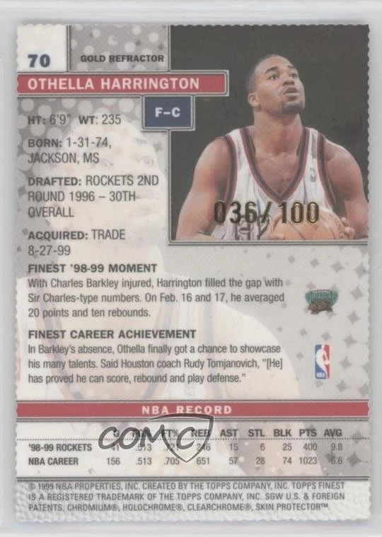 1999-00 Topps Finest Gold Refractor /100 Othella Harrington #70 - Image 2 of 2