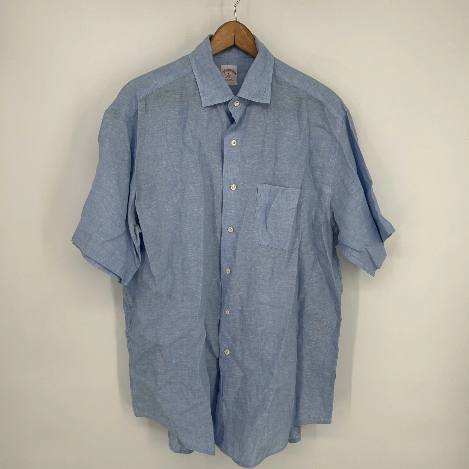 Brooks Brothers Shirt Mens Large Blue Short Sleeve Linen Button Down