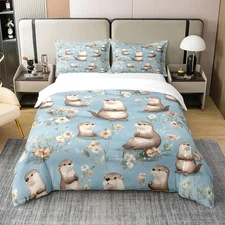 100% Cotton Cartoon Otter Duvet Cover Twin Size 2 Pcs Cute Gray Wild Animal D...