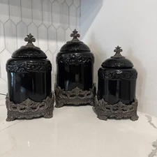 Drake Design Black Tuscan Scroll and Fleur De Lis Canisters 3 Piece Set NWOT