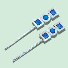 Vintage 1980's Silver Bobby Pins with Painted Blue Designs - Made in UK