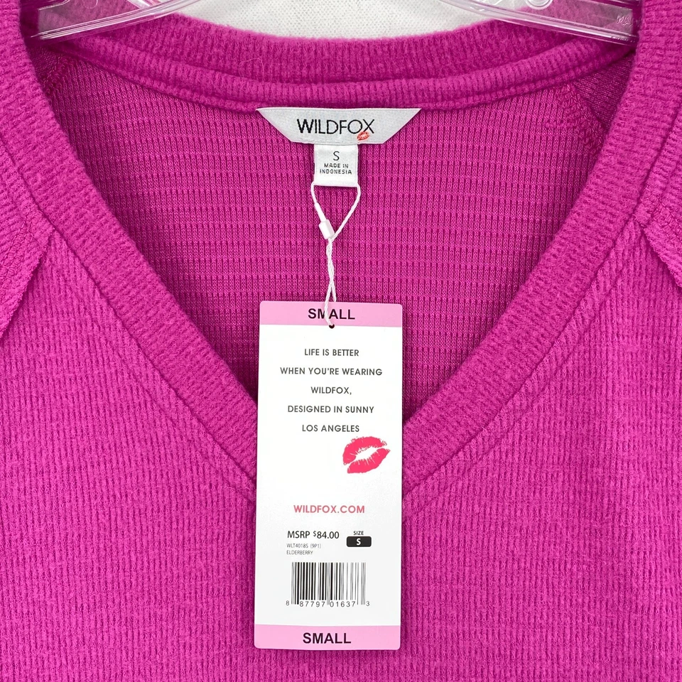 NWT Wildfox Womens Haley Brushed Top Size Small Pink V-Neck Thermal Sweatshirt — 第 2/4 张图片