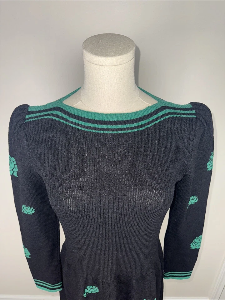 Vestido Floral Tejido Negro Verde Vintage ADOLFO at Saks Fifth Ave Mezcla Lana Foto 4 de 4