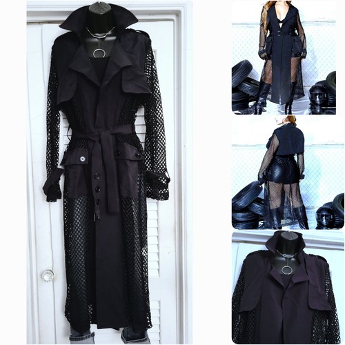 Chic Black Contrast Mesh Open Front Long Trench Coat M - Picture 13 of 13
