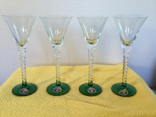  4 Bohemian Czech Crystal Sherry cordial Glasses Clear Emerald Green