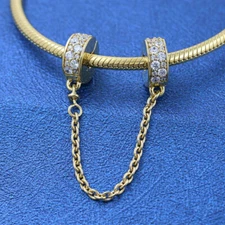 New 100% 925 Sterling Silver Safety Chain Gold Plated Pavé Clear CZ Clip Charm