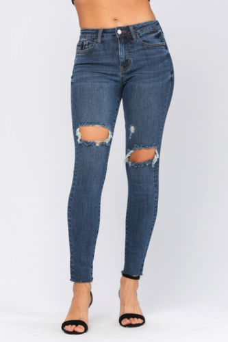 Judy Blue Womens Destroyed Knee Mid Rise Denim Skinny Jeans - Picture 1 of 3