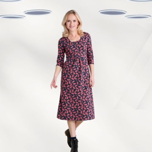 Ex Seasalt Women's 3/4 Slevee Midi Dress In Navy Leaf Floral (Defect) - Picture 2 of 4