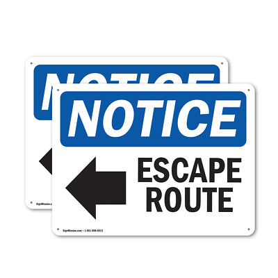 (2 Pack) Escape Route [Left Arrow] OSHA Notice Sign Decal Metal Plastic