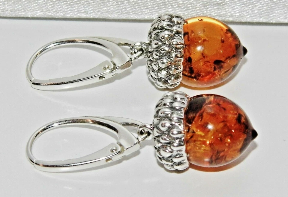 Серебро (925) реальный янтарь желудь капли женские серьги - новый - - Изображение 3 из 4