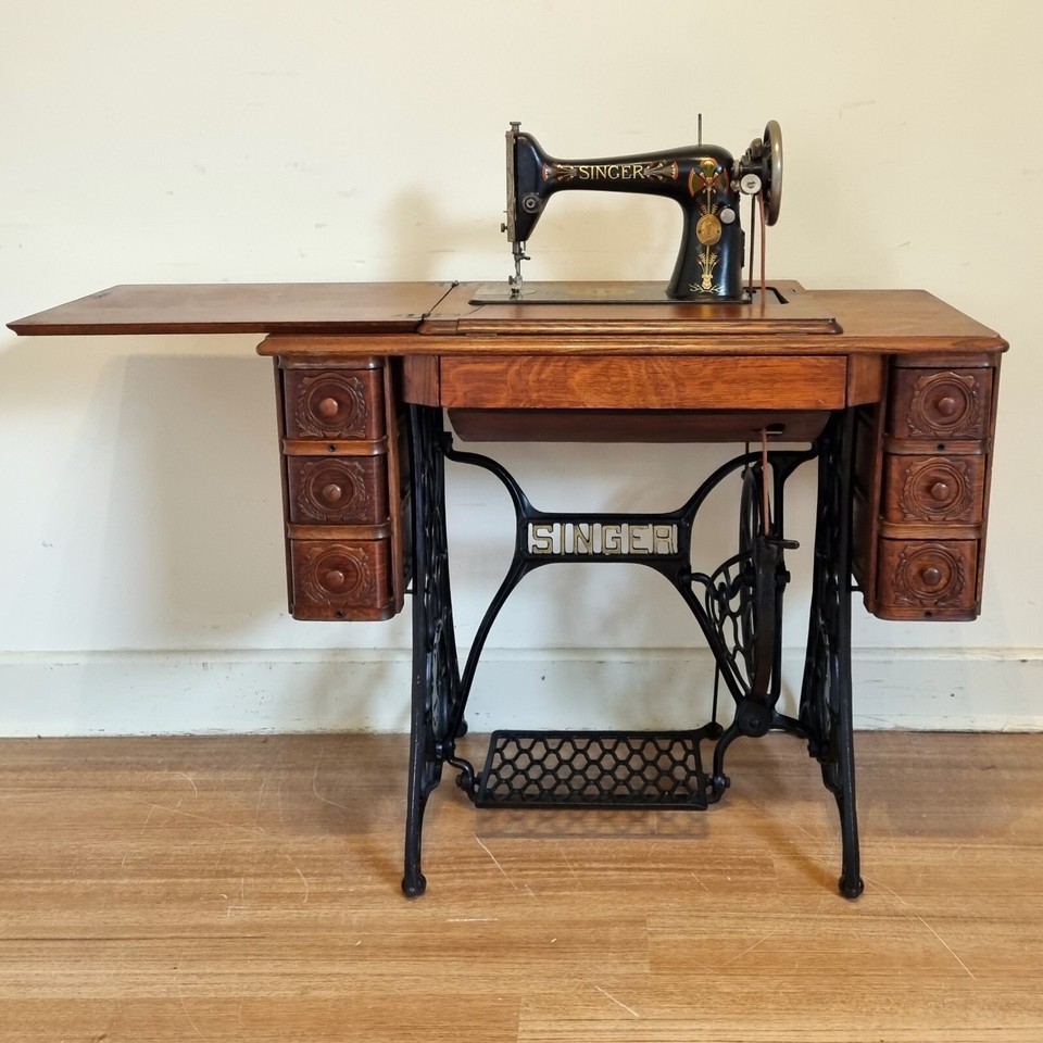 Restored Antique Working Singer Treadle Sewing Machine & Accessories