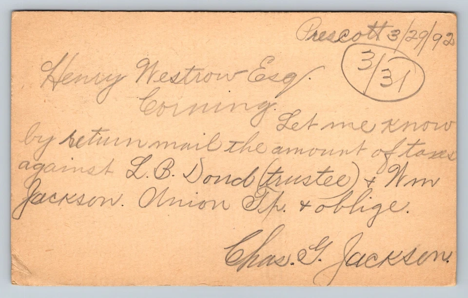 1891 UX10 Postal Card 1c Nice FANCY Cork Cancellation Henry Westrowe Tax Request - Image 3 of 3