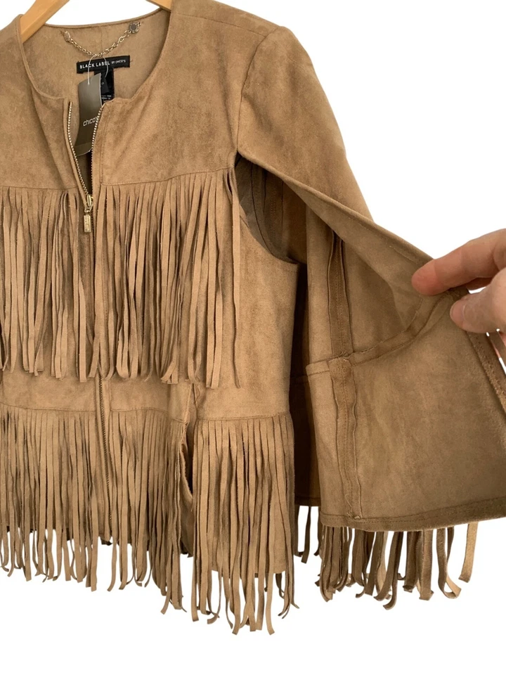 Chicos XS 4 US Black Label Fringe Jacket Top Suede Cognac $179 Cape Vest 8051 - Image 4 of 4