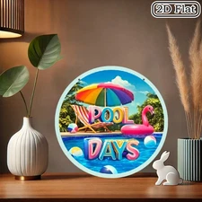 2D Flat - 1pc Vintage Pool Day Metal Wall Art Sign - 2D Flat Round Retro Pool De