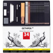 GETHPEN Sketch Pencils for Drawing,34 Pcs,Graphite Pencil 14B-4H, Charcoal